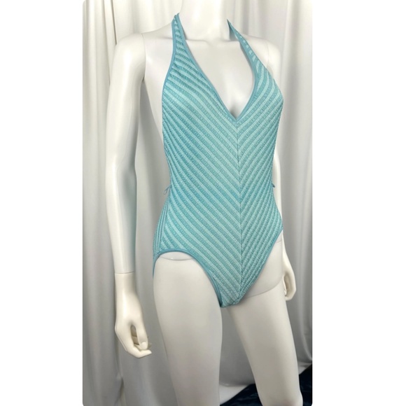 Vintage 1970’s 1980’s Bobbie Brooks Baby Blue Striped One Piece Bathing Suit • S - Picture 4 of 9